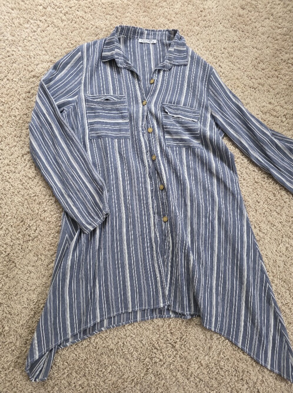 Calvino Blue White Striped Longline Button Down Tunic Top Size 44